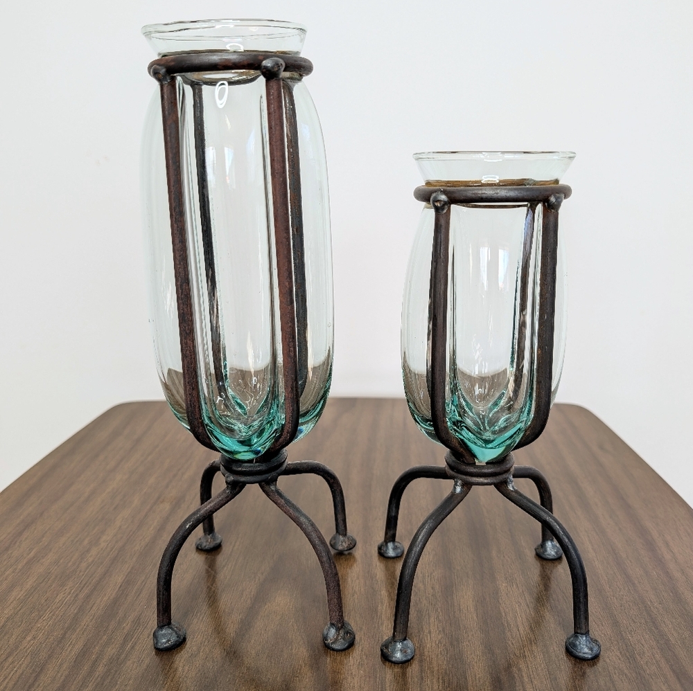 Pair Of Blown Caged Glass & Wrought Iron Metal Footed Vases Industrial Brutalist - Picture 2 of 14
